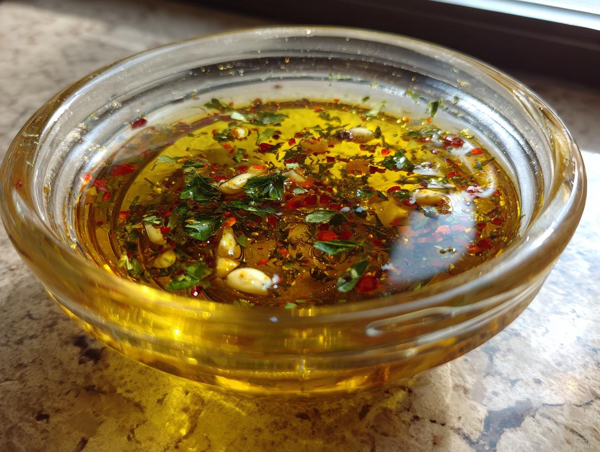 Close-up of a clear glass bowl filled with olive oil bread dip, featuring garlic, herbs, and red pepper flakes.