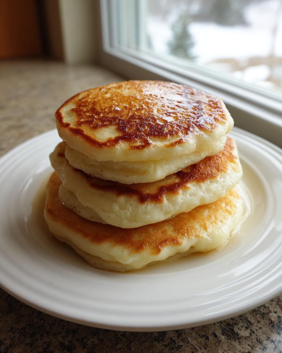 A stack of three fluffy, golden-brown pancakes drizzled with syrup, ready to eat.