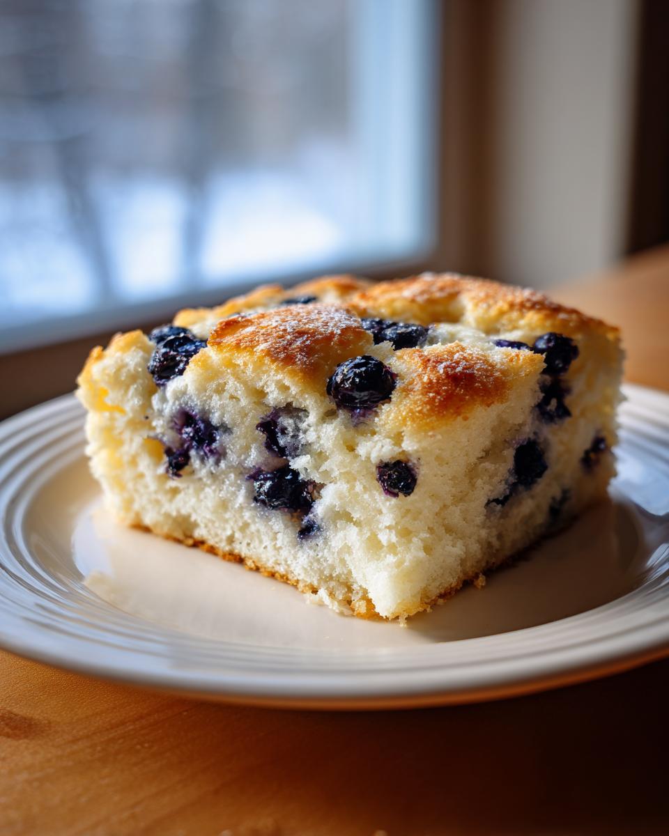 Close-up of a fluffy slice of blueberry sheet pan pancakes dusted with powdered sugar.