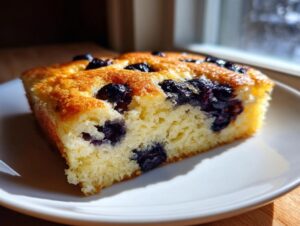 Close-up of a fluffy slice of blueberry sheet pan pancakes on a white plate.