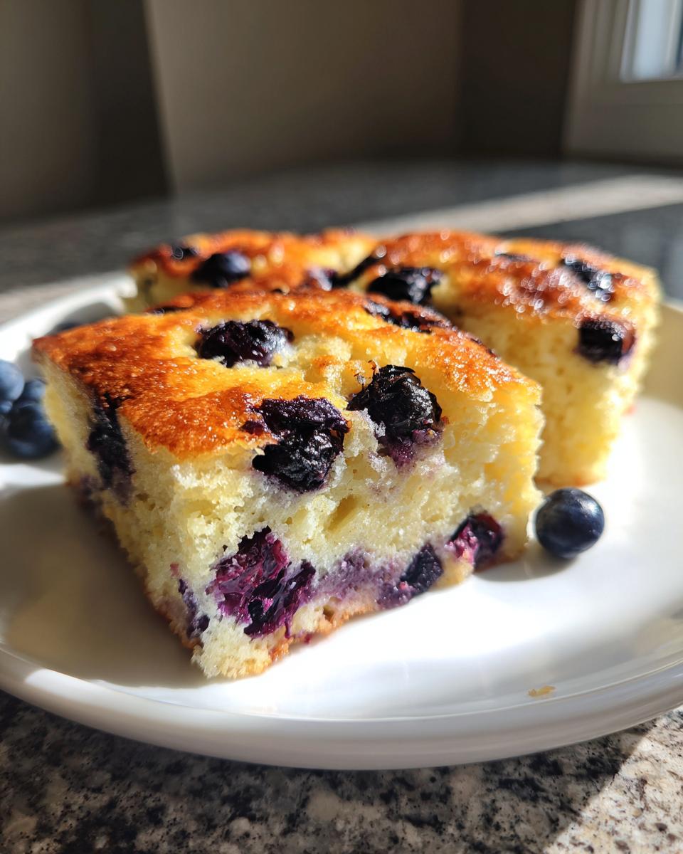 Close-up of two slices of fluffy sheet pan pancakes loaded with blueberries on a white plate.