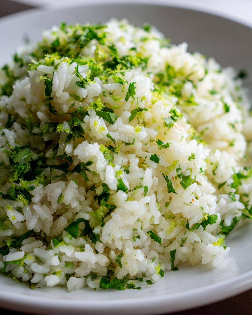Close-up of fluffy white cilantro lime rice topped generously with fresh chopped cilantro and bright green lime zest.