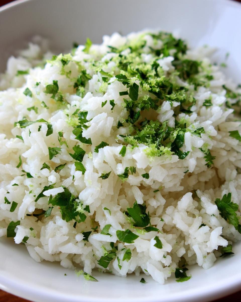 Close-up of fluffy white cilantro lime rice topped generously with chopped cilantro and bright green lime zest.