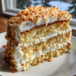 A close-up of a fluffy slice of coconut cake recipe layered with white frosting and topped with toasted coconut flakes.