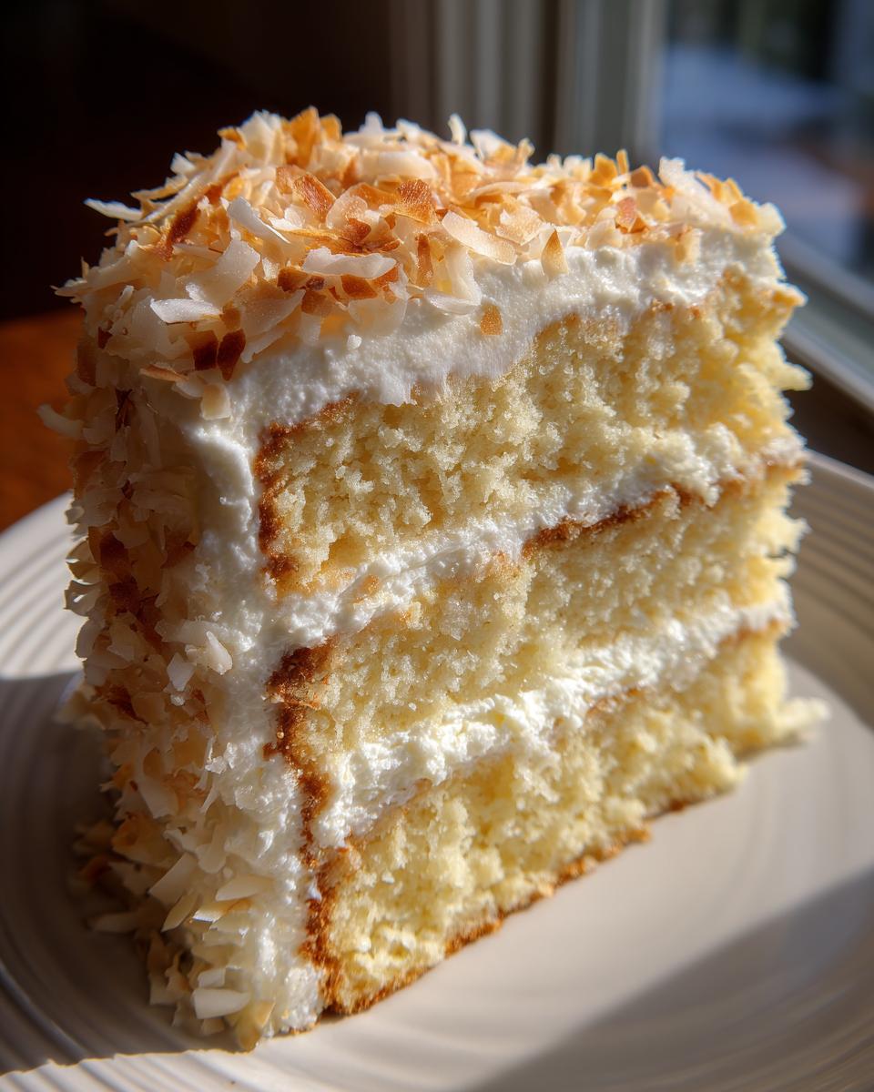 A close-up slice of fluffy coconut cake recipe layered with white frosting and topped with toasted coconut flakes.