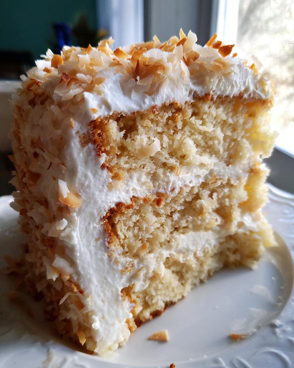 Close-up of a moist slice from a coconut cake recipe, layered with white frosting and topped with toasted coconut flakes.