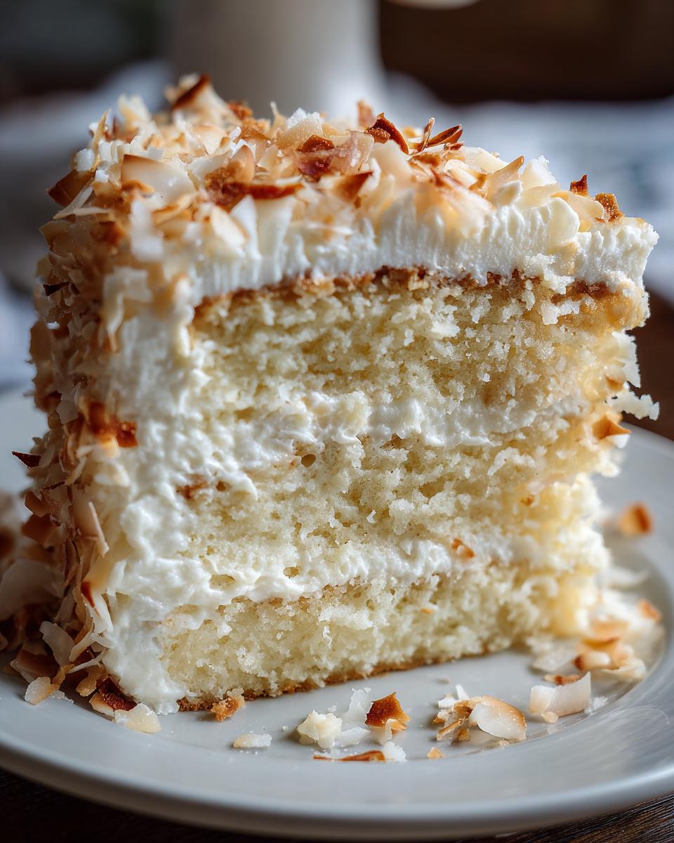 Close-up of a moist slice of coconut cake recipe with three layers, white frosting, and toasted coconut flakes.
