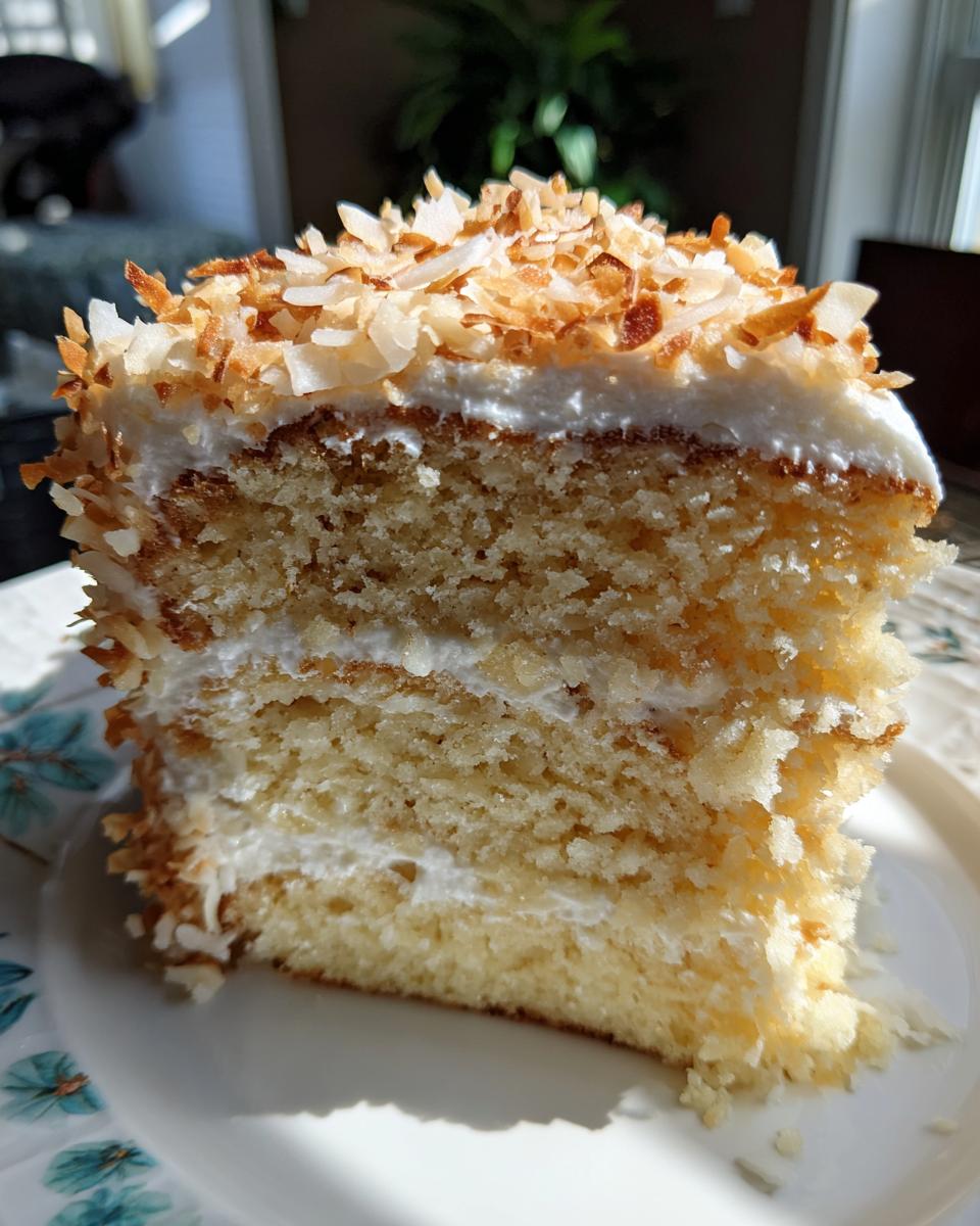 Close-up of a moist slice of coconut cake recipe showing three layers of light cake and white frosting, topped with toasted coconut flakes.