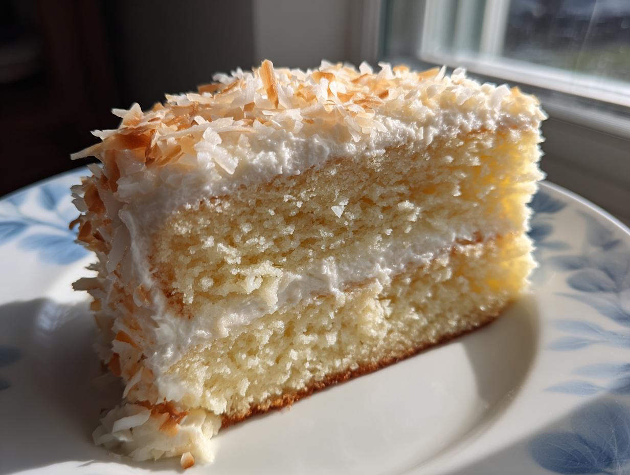 A moist slice of fluffy coconut cake recipe layered with white frosting and topped with toasted coconut flakes.