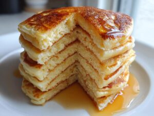 Close-up of a tall stack of fluffy discard pancakes with a slice cut out, drizzled generously with syrup.