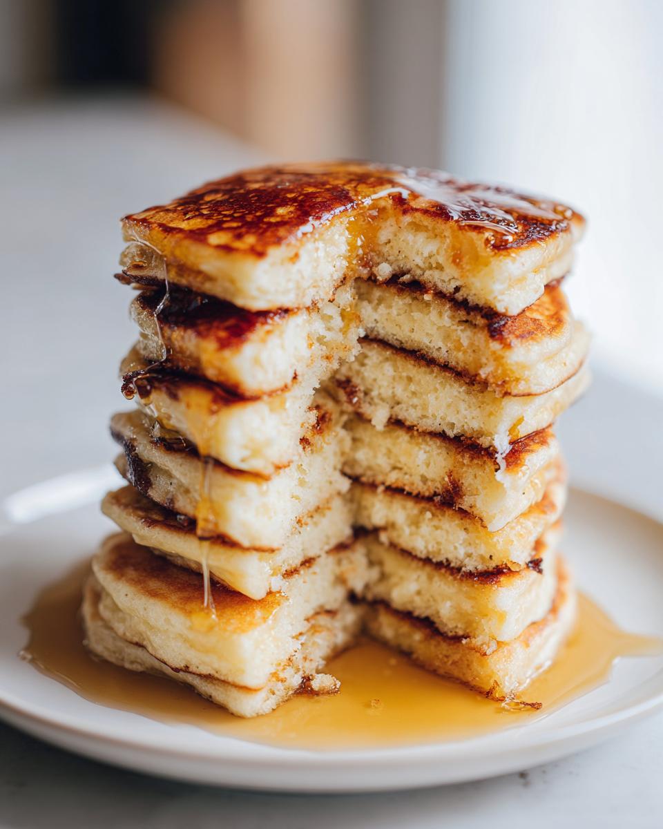 A tall stack of fluffy discard pancakes, cut open to show the texture, drizzled generously with golden syrup.