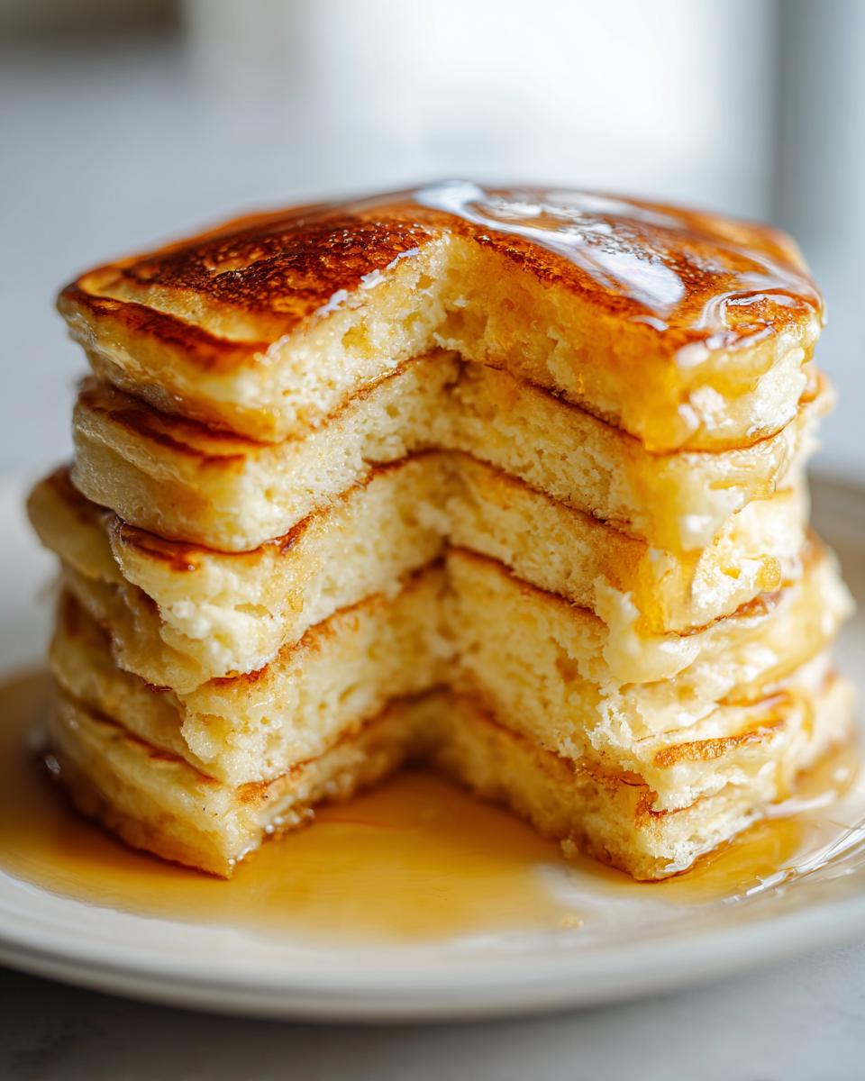 Close-up of a tall stack of fluffy discard pancakes with a piece cut out, drizzled generously with syrup.