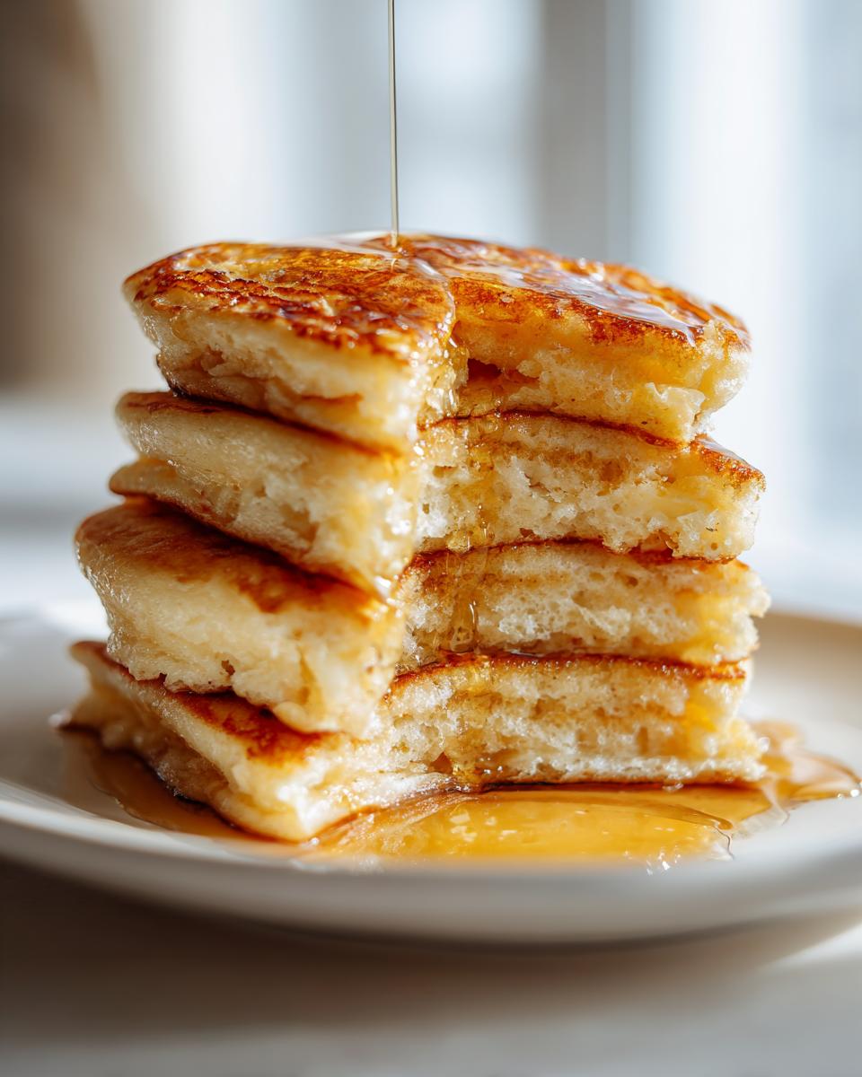 Close-up of a tall stack of fluffy discard pancakes being drizzled with golden syrup.