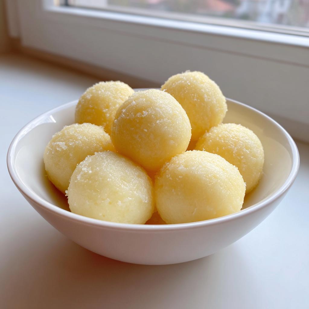 A white bowl filled with several fluffy, pale yellow potato dumplings lightly dusted with fine crumbs.