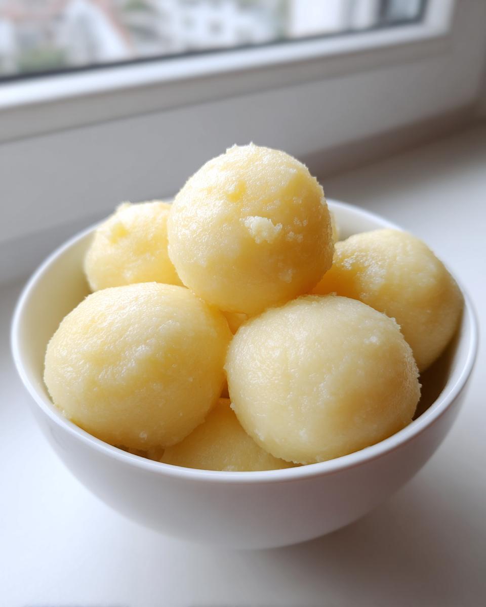 A close-up of several fluffy potato dumplings served in a small white bowl near a window.