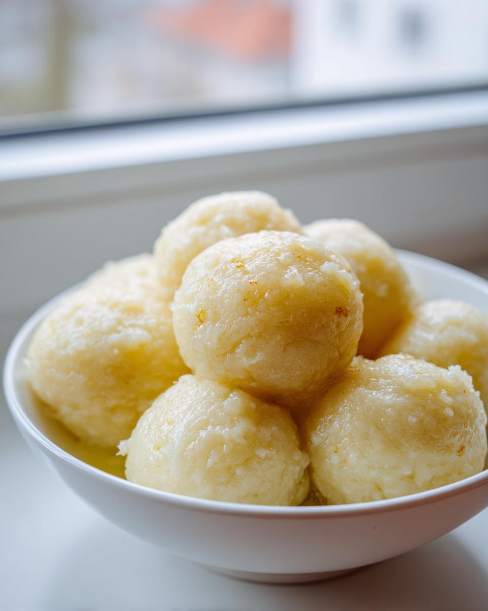 Close-up of several fluffy potato dumplings piled high in a white bowl, ready to eat.