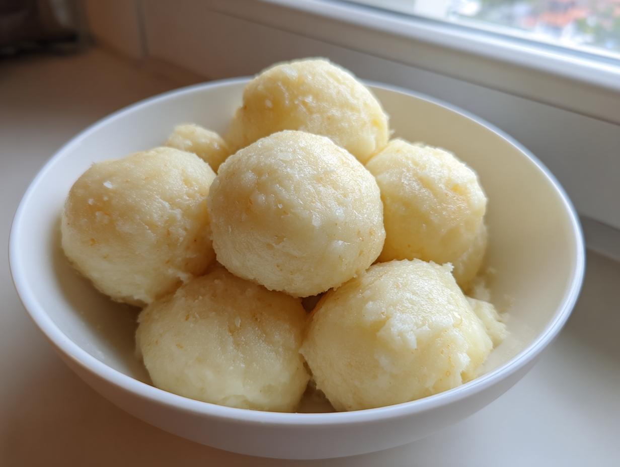 A close-up of several fluffy potato dumplings served in a white bowl near a window.