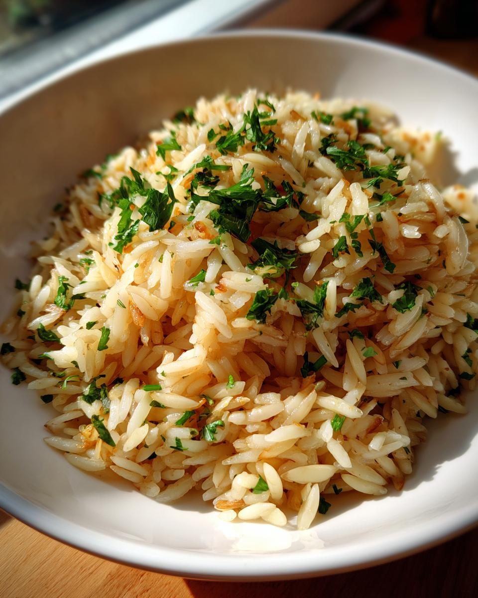 Close-up of fluffy rice pilaf, featuring toasted grains and topped with bright green chopped parsley.