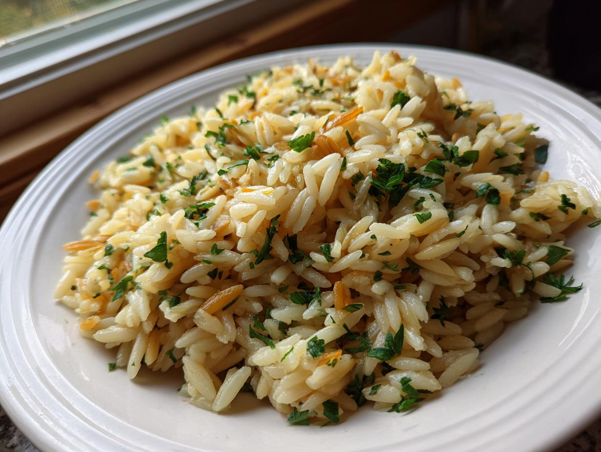 A plate of fluffy rice pilaf mixed with toasted vermicelli and topped with fresh chopped parsley.