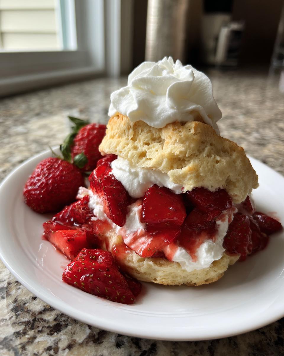 A delicious, fluffy shortcake split open, filled with macerated strawberries and topped with whipped cream.