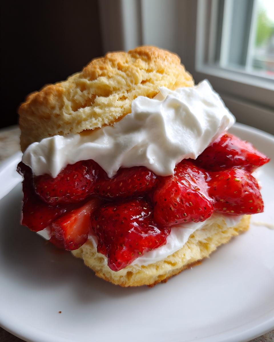 A delicious, fluffy shortcake split and layered with macerated strawberries and whipped cream.