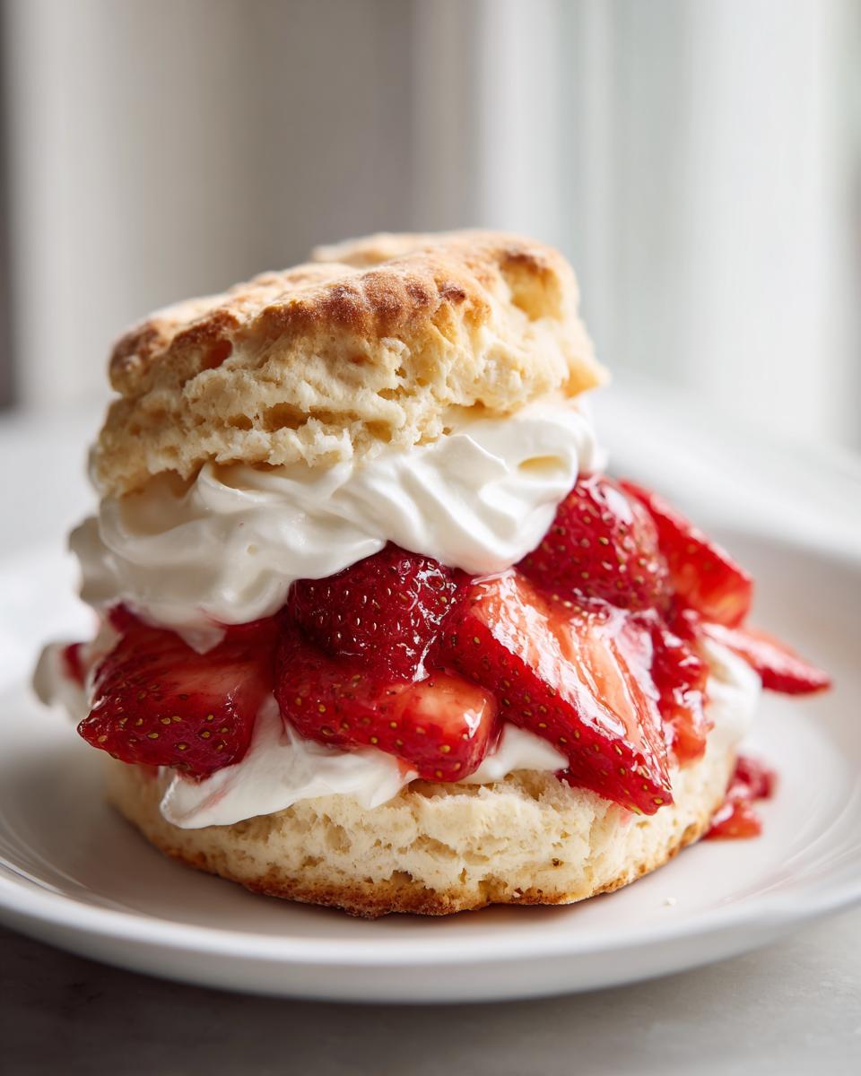 A close-up of a fluffy shortcake split and filled with macerated strawberries and whipped cream.