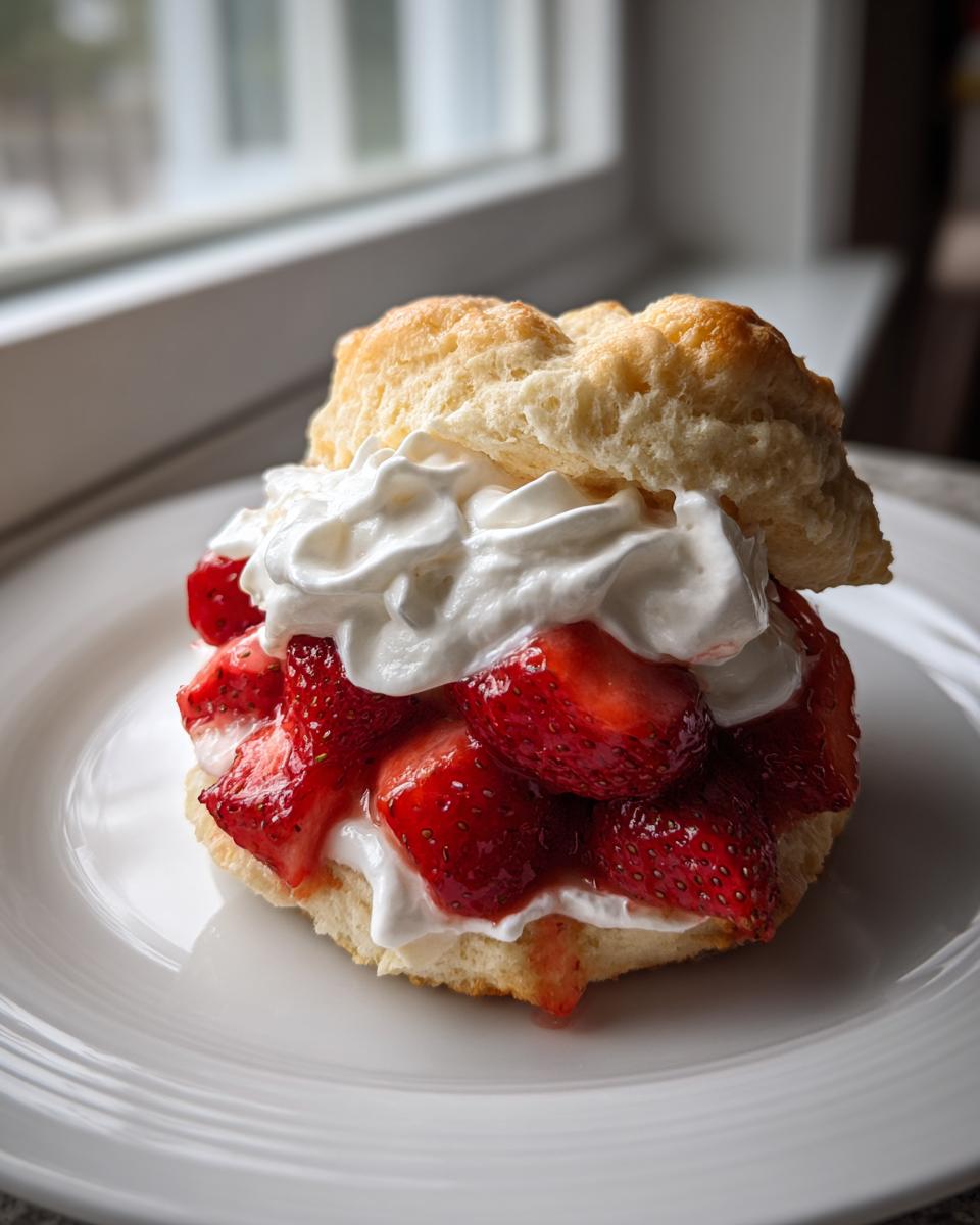 A close-up of a fluffy shortcake split open, filled with macerated strawberries and topped with whipped cream.