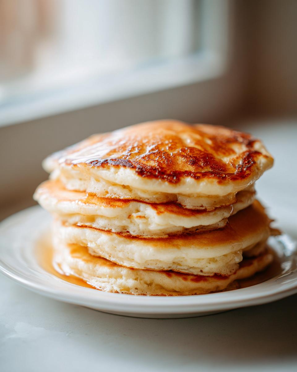 A tall stack of fluffy, golden-brown pancakes drizzled with syrup on a white plate.