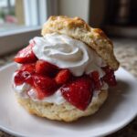 A close-up of a fluffy shortcake split open, filled with macerated strawberries and whipped cream.