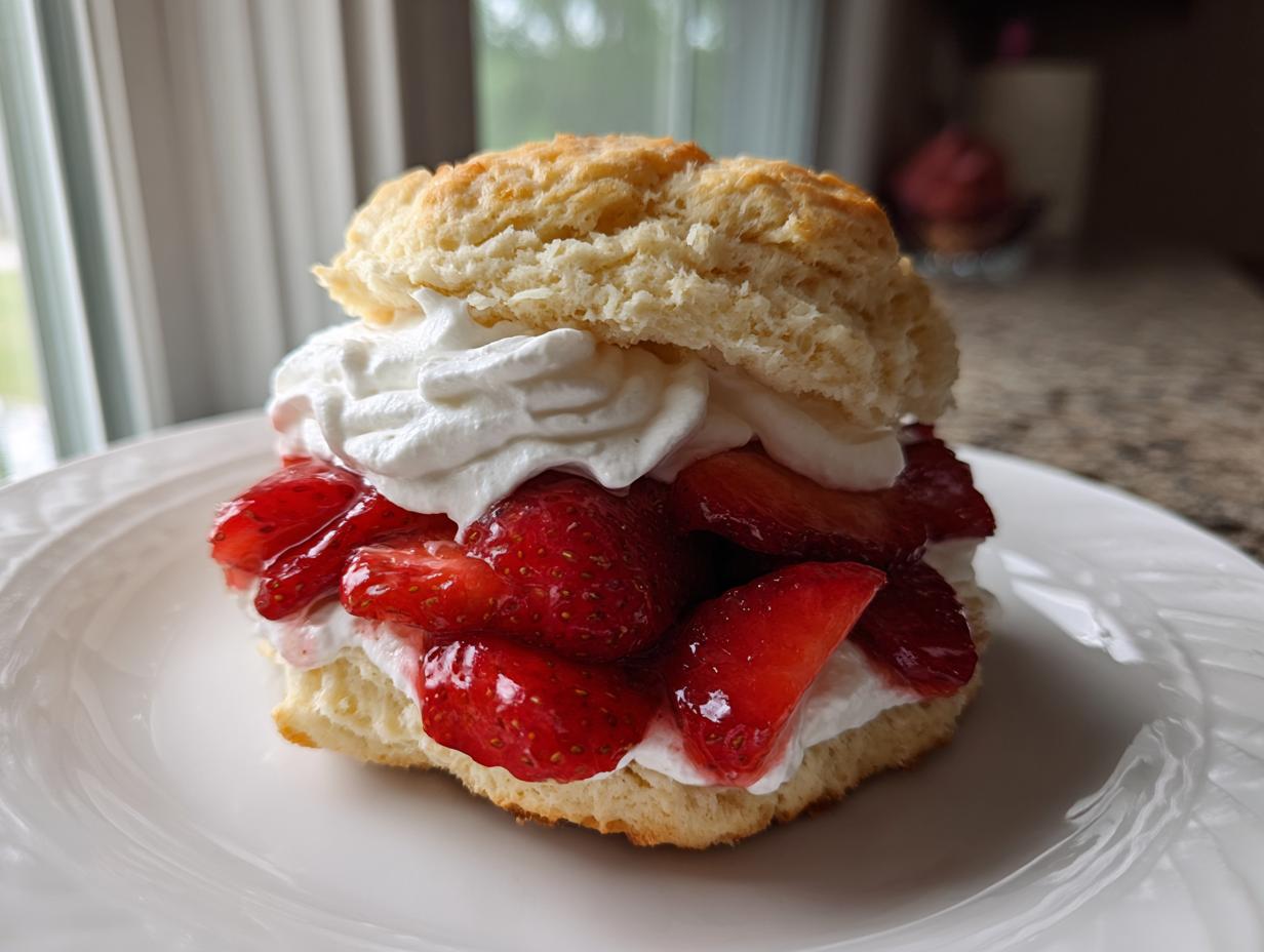 A delicious, fluffy shortcake split open and filled generously with macerated strawberries and whipped cream.