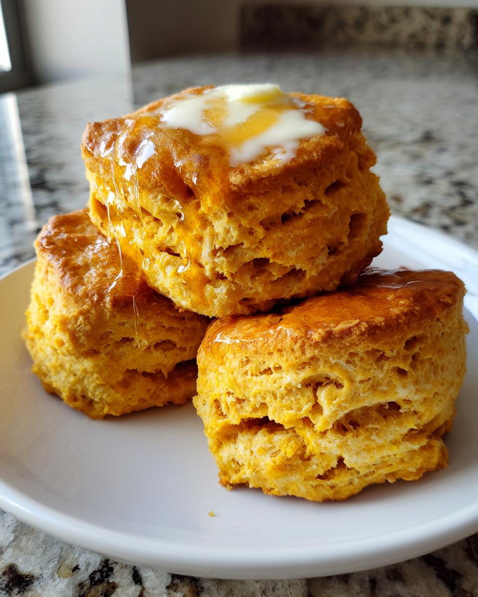 Three fluffy sweet potato biscuits stacked on a white plate, topped with melting butter and drizzled with honey.