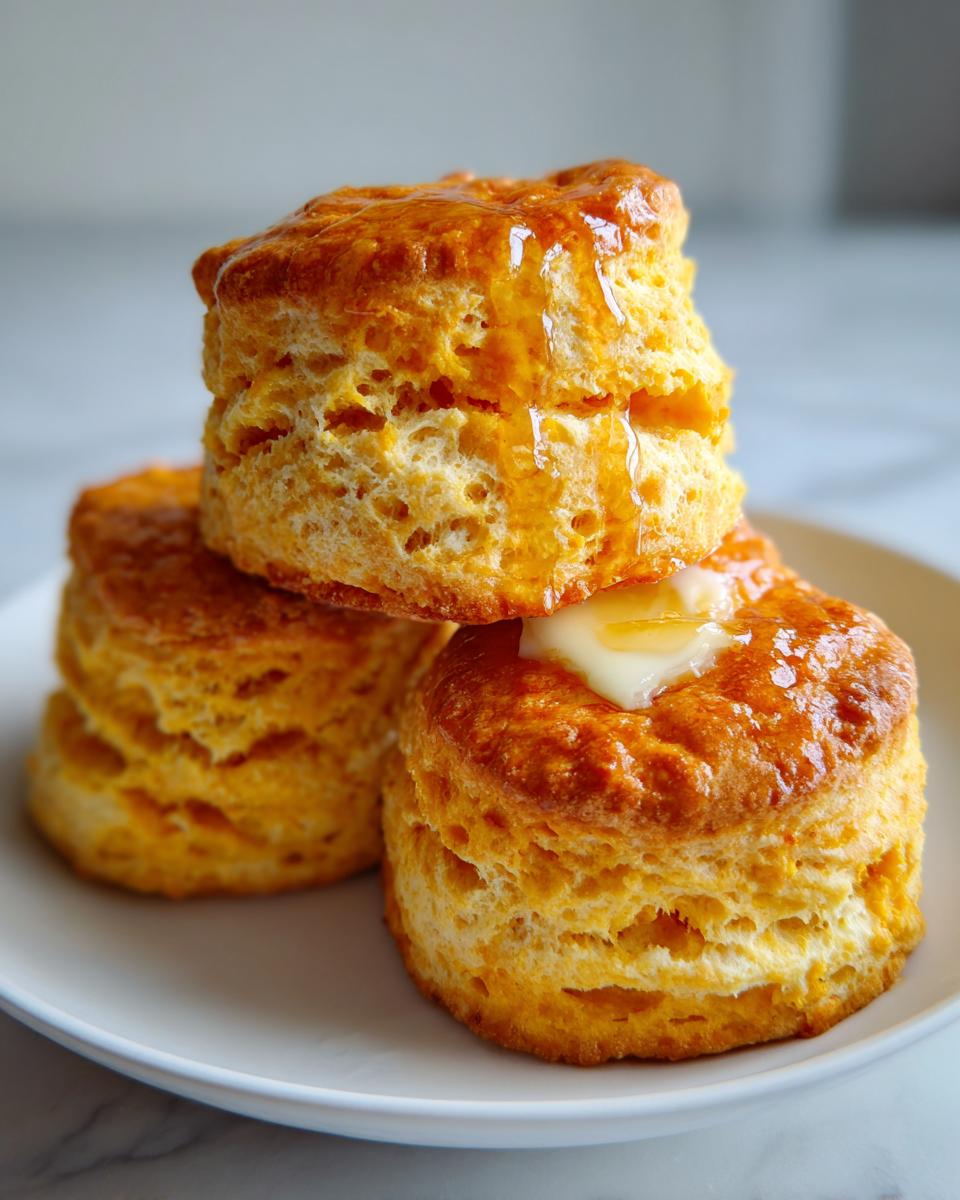 A stack of three fluffy sweet potato biscuits, drizzled with honey and topped with melting butter.