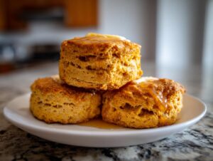 Three fluffy sweet potato biscuits stacked on a white plate, drizzled generously with honey.