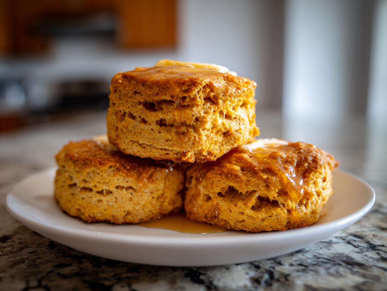Three fluffy sweet potato biscuits stacked on a white plate, drizzled generously with honey.