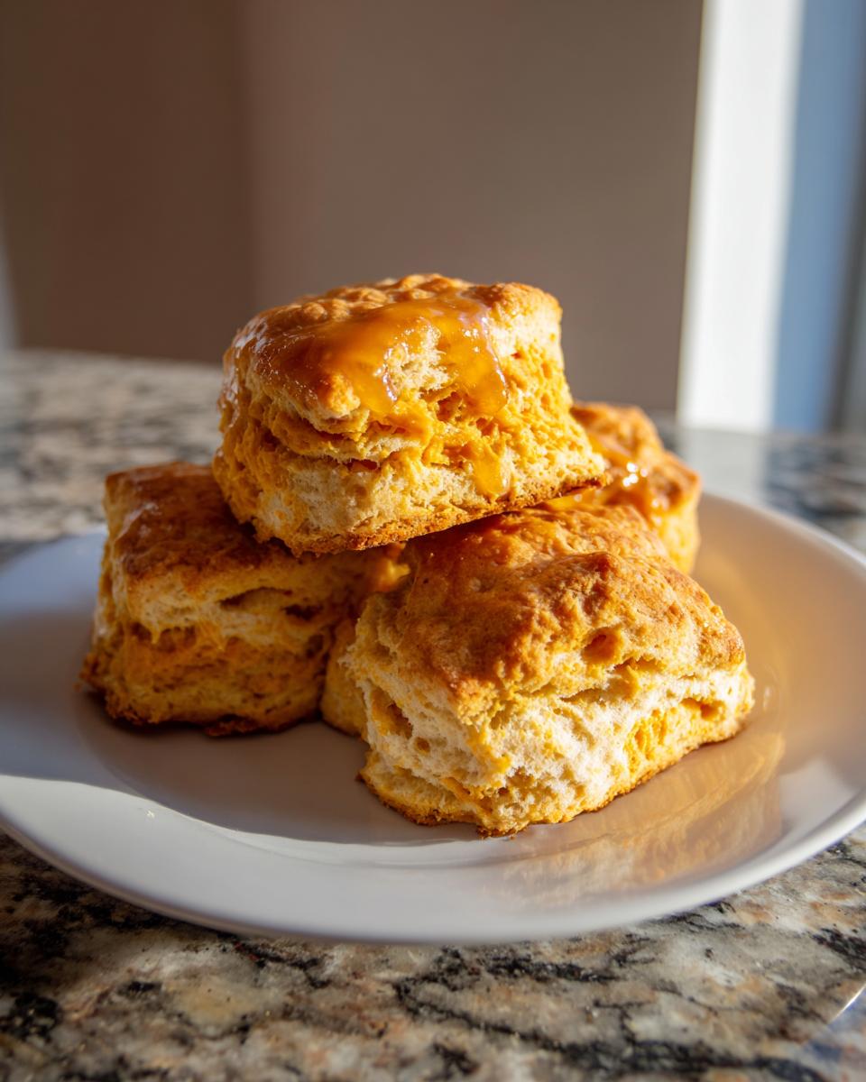 A stack of four fluffy sweet potato biscuits, one topped with a shiny glaze, resting on a white plate.