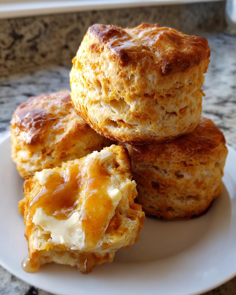 A stack of fluffy, golden-brown sweet potato biscuits, with one split open topped with butter and honey.