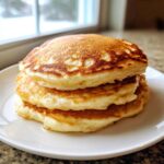 A tempting stack of three fluffy, golden-brown pancakes served on a white plate.