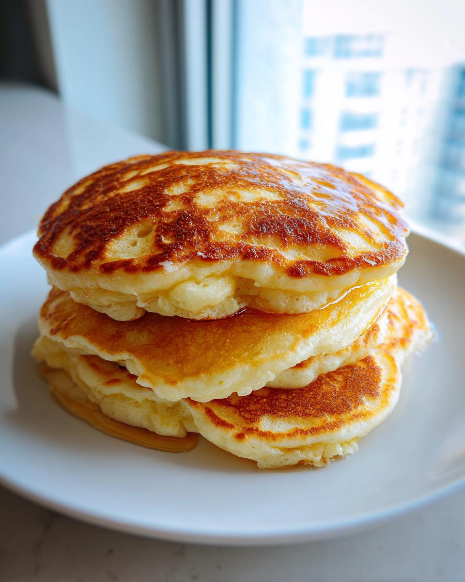 A tall stack of three fluffy, golden-brown pancakes drizzled with syrup, ready to eat.