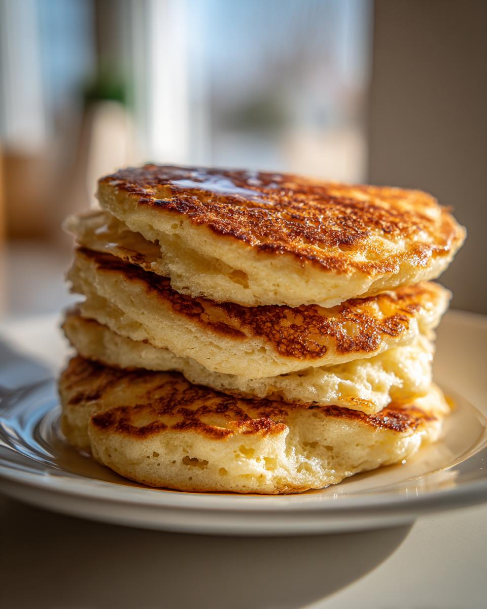 Close-up of a tall stack of four fluffy, golden-brown pancakes drizzled with syrup.