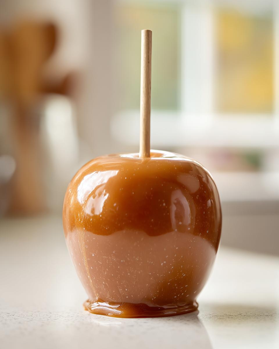 A single, glossy homemade caramel apple on a wooden stick, sitting on a light countertop.