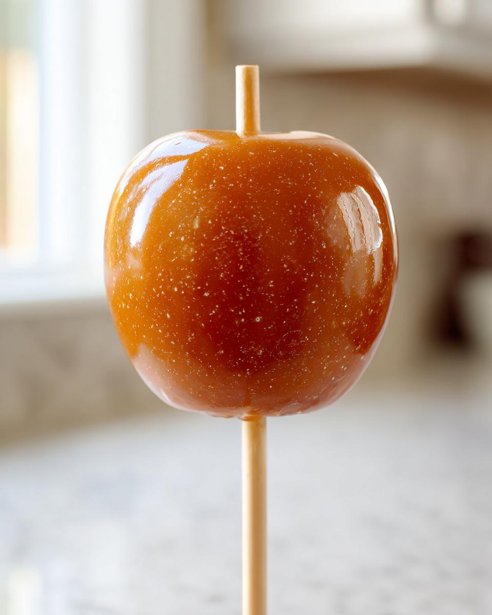 A single, glossy caramel apple on a wooden stick, ready to eat, featuring a rich caramel coating.