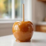 A single, glossy caramel apple on a stick resting on a white countertop, ready to eat.