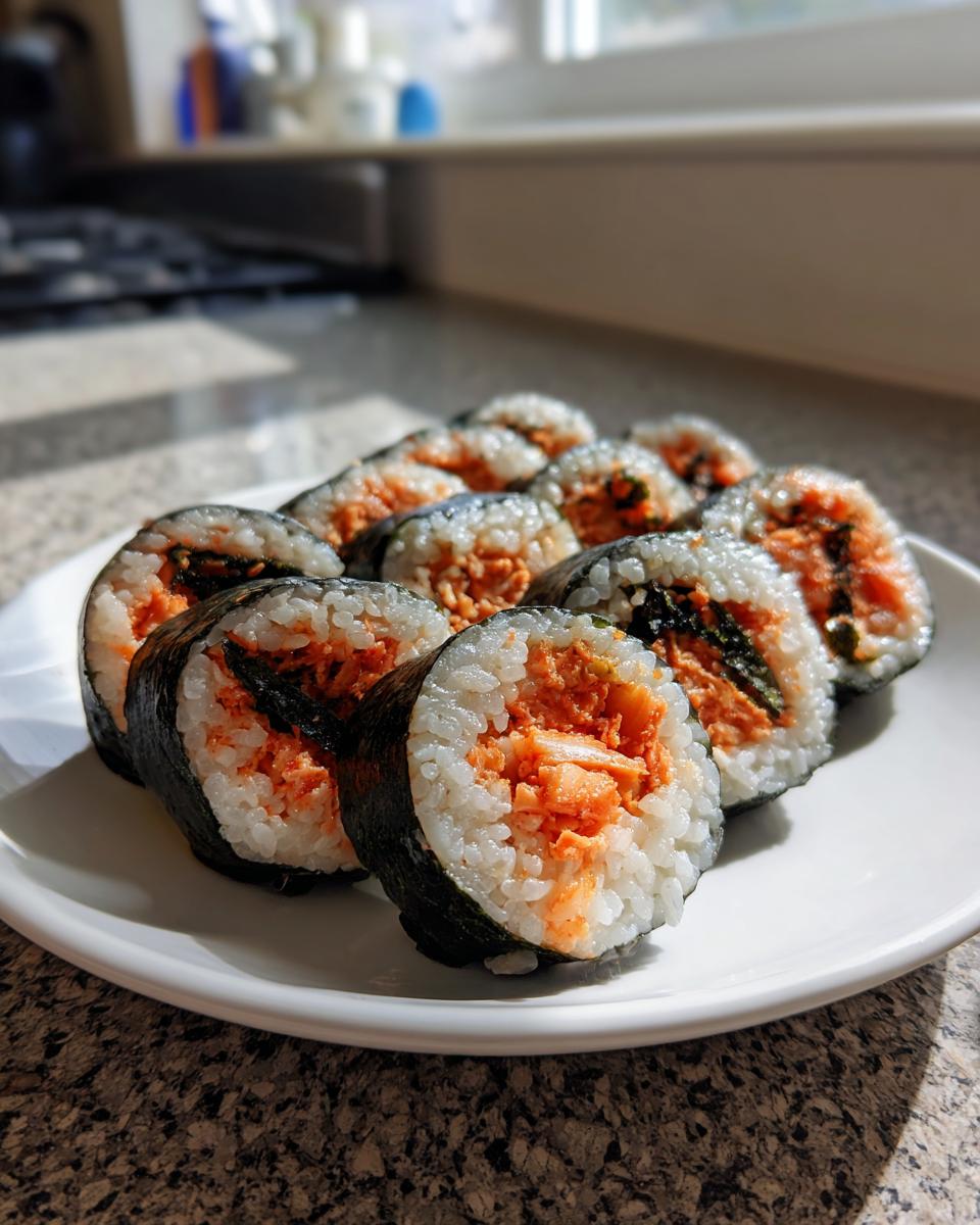 A plate of freshly sliced tuna kimbap rolls showing bright orange tuna filling surrounded by white rice and dark seaweed.