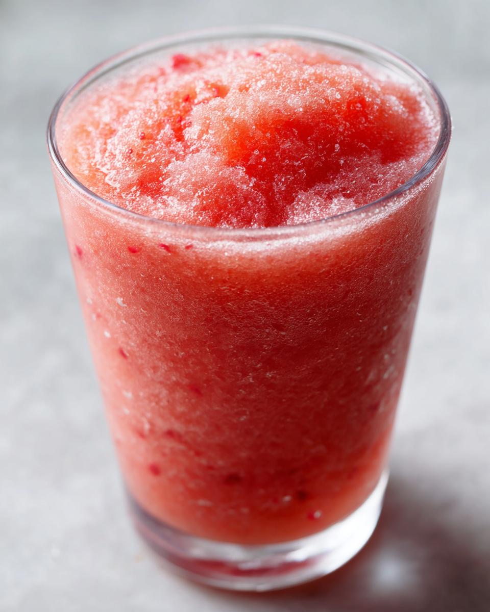 Close-up of a frosty, bright red strawberry daiquiri filling a clear glass, showing icy texture.