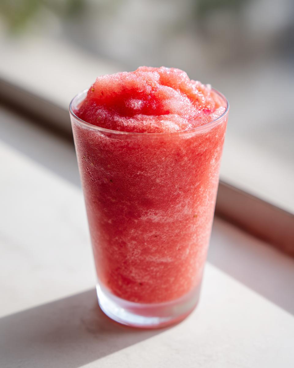 Close-up of a frosty, bright red strawberry daiquiri served in a clear glass, glistening in the sunlight.