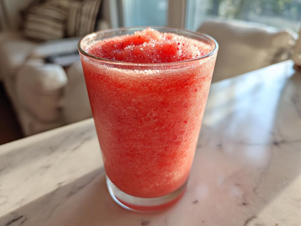 Close-up of a frosty, bright red strawberry daiquiri served in a clear glass on a marble countertop.