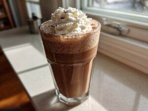 A tall glass filled with rich, blended frozen hot chocolate topped with whipped cream.
