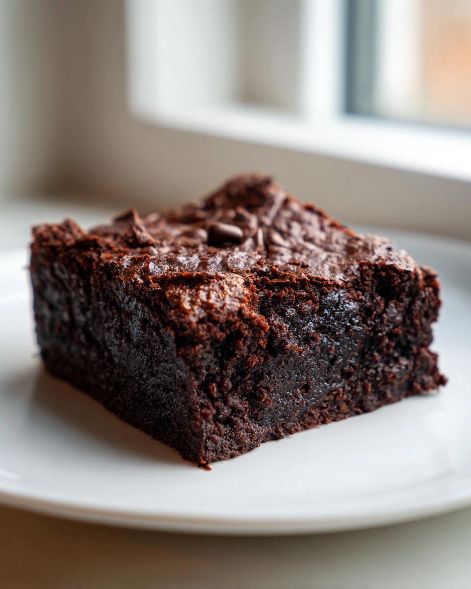 Close-up of a rich, fudgy square of date brownies with a crackly top, served on a white plate.