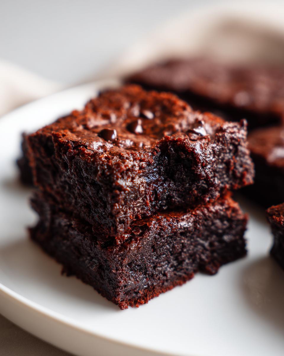 Close-up of two fudgy date brownies stacked, showing a moist texture and chocolate chips on top.