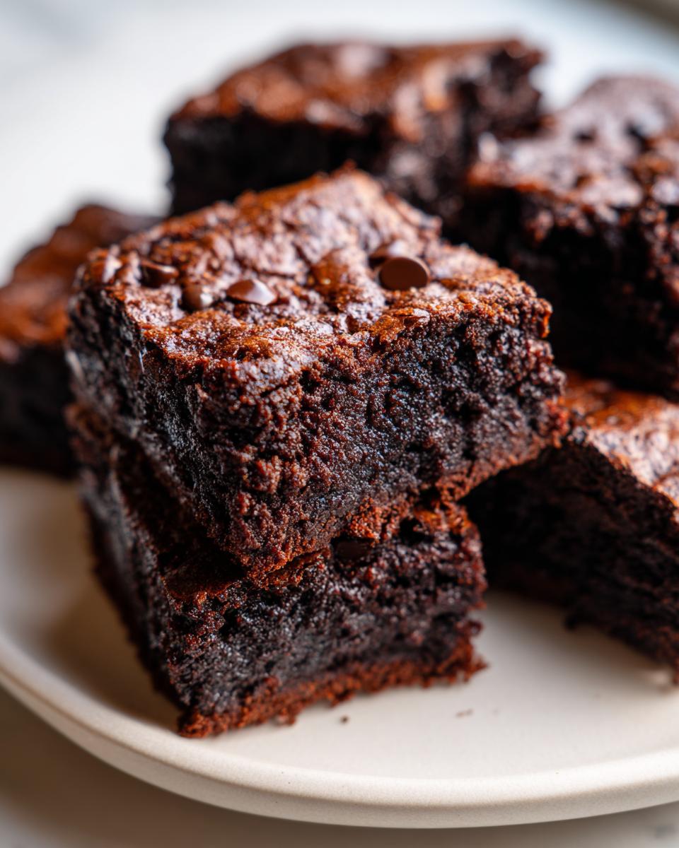 Close-up of fudgy date brownies stacked on a light plate, showing rich dark chocolate texture and chocolate chips.
